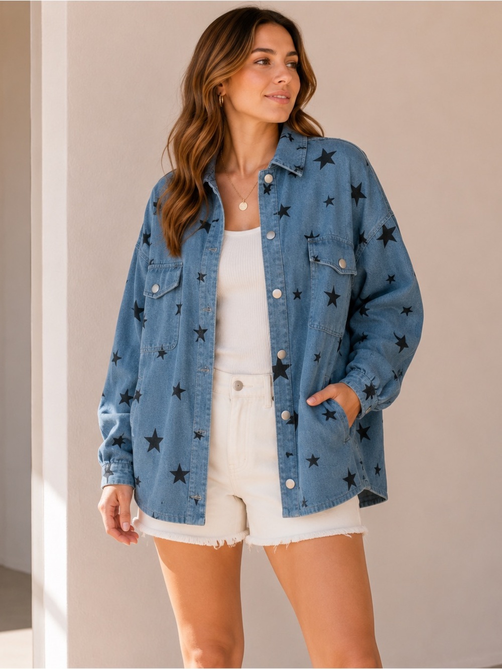 Sewn + Seen Star Print Denim Jacket Blue Snap Front Oversized Shacket Plus Large